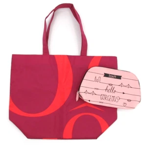 Lancome Paris Tote Bag & Makeup Clutch Pouch Bundle Benefit SF Pink Lined 18x14" - Picture 1 of 20