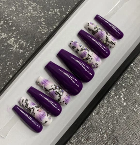 🔥CUSTOM Gel Press On False Nails, Purple w/ BLING 10 set, w/ FULL KIT NEW MED - Picture 1 of 4