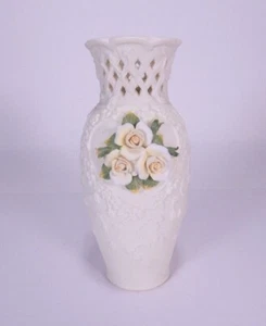 Hand Painted Ceramic Vase Applied 3D White Roses 9" Antique White - Picture 1 of 8