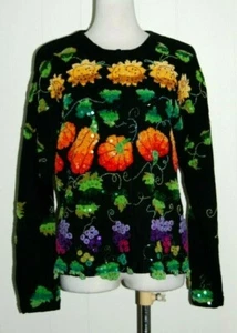 Janes Closet (Gordon) Beaded Sequin Pumpkins Grapes Fall Cardigan Sweater Large - Picture 1 of 5