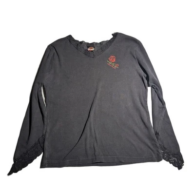 Top rosa de colección Y2K Harley Davidson descolorido negro algodón manga campana encaje ribete L Foto 1 de 4