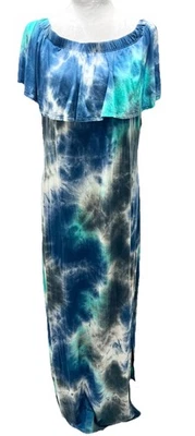 Maxi Vestido Janette Plus 2X Azul Tie Dye Elastizado Suave Tejido Fuera del Hombro Boho Foto 1 de 4