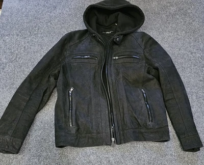 Black Rivet Men’s M Genuine Leather Moto Jacket Hooded Zip Front Pockets Black - Image 1 of 4
