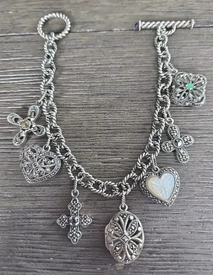 925 Sterling Silver & Gemstones Charm Bracelet Hearts & Crosses Motif 39.5 Grams - Image 1 of 4