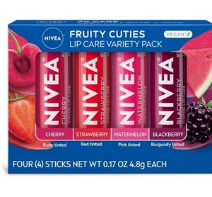 NIVEA Tinted Lip Care, Moisturizing Balm Stick 4 Count Fruity Cuties Cherry New - Picture 1 of 2