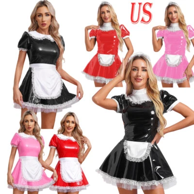 Damen Latex Dienstmädchen Outfit Halloween Französisches Dienstmädchen Kostüm Cosplay Schürze Kleid - Bild 1 von 3