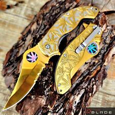 8" Gold Spring Assisted Pocket Knife Tactical Blade Leaf Weed Handle Folding
