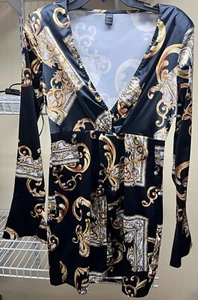 SHEIN Black Gold Long Sleeve Mini Deep V-Neck Satin Dress Shoulder Pads Sz 6 New - Picture 1 of 11