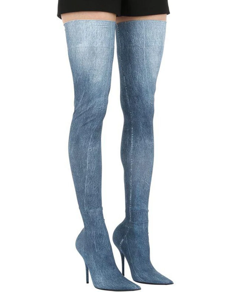 Talla 36.5 - Botas BALENCIAGA Denim Estampado Spandex Cuchillo Sobre la Rodilla Nuevas con Etiquetas Foto 1 de 4