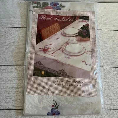 Floral Vinyl Needlepoint Lace Look Spring Party Large Tablecloth Taiwan Vtg NOS - Image 1 of 4