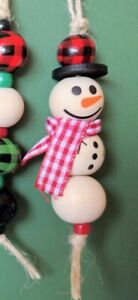 Handmade Wood Bead Snowman 3" Christmas Ornament RED check hat scarf - gift tag 