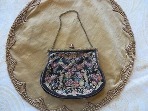 Vintage Antik Petit Point Tasche Handtasche schwarz mit Blumenmuster Austria Karneol - Bild 1 von 12