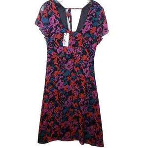 Yaya Aflalo Silk Floral Dress L Red Pink NWT Lined Tie Neiman Marcus  - Picture 1 of 10