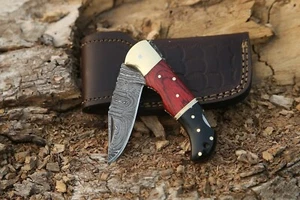 Handmade Wood+Horn Damascus Pattern Steel Pocket Knife Folding Hunting Camping - Picture 1 of 3