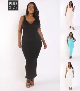 Women Bodycon Tank Dress Maxi Ribbed Stretch Sleeveless Split Neck (1X,2X,3X) - Picture 1 of 21