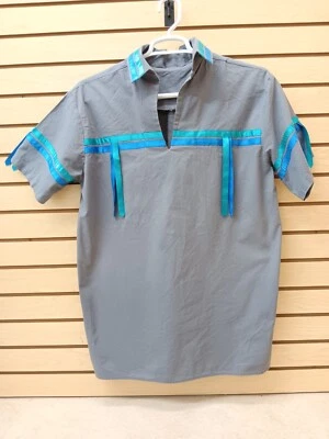NICE HOMEMADE MEDIUM GRAY NATIVE AMERICAN INDIAN SHORT SLEEVE RIBBON SHIRT - Image 1 of 3