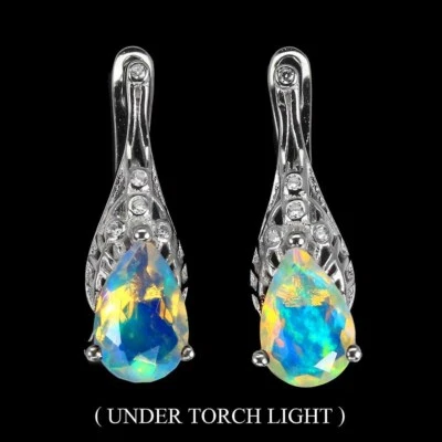 Orecchini In Argento Sterling 925 Con Opale A Pera Simulato Cz Gemma 8x6mm - Immagine 1 di 4