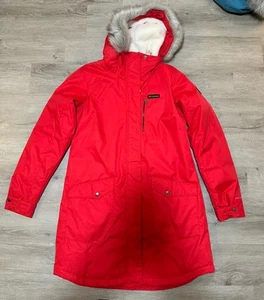 Columbia Women's L Large Red Mountain Long Insulated Jacket Coat Faur Fur Trim - Picture 1 of 3