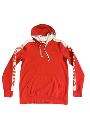 Sudadera con capucha roja Supreme Box Logo en el pecho con mangas a rayas talla XL Foto 1 de 4
