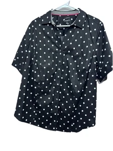 Talbots Woman Top Non-Iron Button Up 16W Black White Polka Dots Cotton Blend - Picture 1 of 7