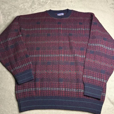Vintage Pendleton Men Large Red Geometric Virgin Wool Crew Neck Sweater USA Knit - Image 1 of 4