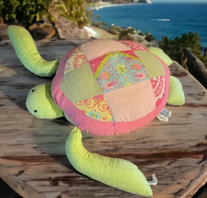 2005 Pottery Barn Kids Patchwork Turtle Plush Pillow Pink Green Floral - Picture 1 of 9