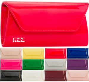 Women's Plain Patent Leather Wet Look Clutch Bag Evening Party Handbag Wedding - Picture 1 of 21