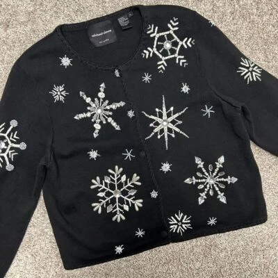 Cárdigan suéter vintage 2000 Michael Simon con cuentas copo de nieve para mujer talla XL negro Foto 1 de 4