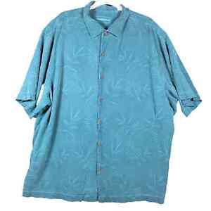 Tommy Bahama Mens Shirt Blue Green Hawaiian Camp Silk Vacation Leaf Floral 2XB