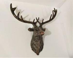 Large Wall Mounted Metal Deer Head Stag Figurine Statue Copper Antique Finish - Picture 1 of 6