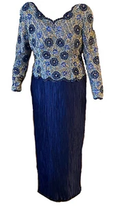 B10 Vintage George F. Couture 1980’s Navy Blue Beaded Long Sleeve Dress Sz 16 - Picture 1 of 9