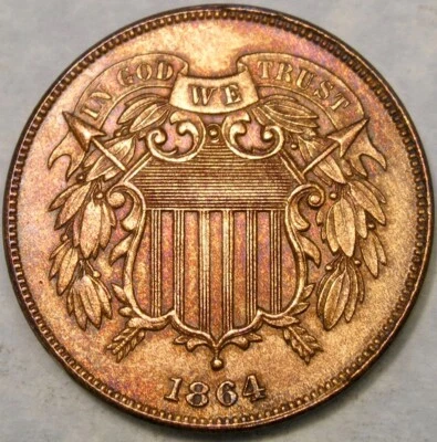 1864 TWO CENT PIECE BEAUTIFUL BEAUTIFUL VERY CRISP SHARP MOTTO SHIELD & WREATH - Image 1 of 4