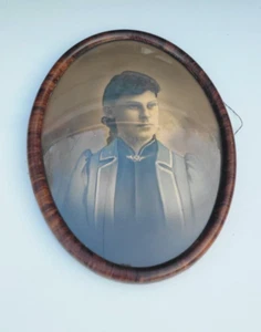 Antique Tiger Stripe Wood Oval Picture FRAME convex domed round glass Blue Eye - Picture 1 of 16