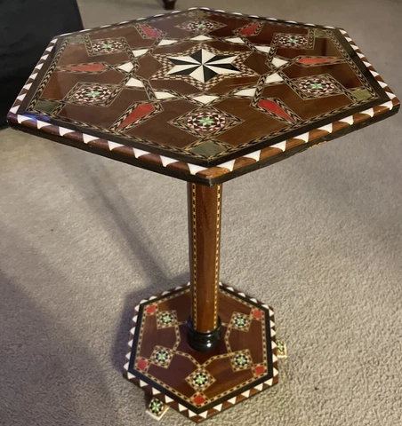 Vintage 1950’s Inlaid Mosaic Parquetry Wooden Hexagonal Side Table Plant Stand Cover