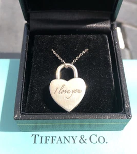 Tiffany & Co Silver I LOVE YOU Heart Padlock Charm Pendant Love Script Necklace - Picture 1 of 5