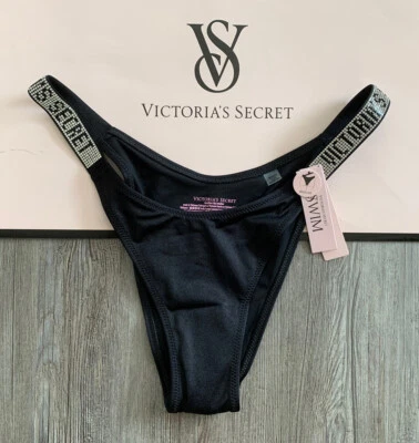 Parte inferior de natación brasileña con correa brillante negra S Victoria Secret NUEVO Foto 1 de 2