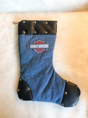 Vintage 2001 14.5" Harley Davidson Christmas Stocking Denim Faux Leather Studs - Image 1 of 4