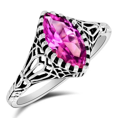 Anillo de filigrana de plata esterlina 925 con zafiro rosa tratado de 1 quilate talla 7 F4-1 Foto 1 de 4