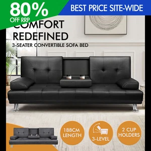ALFORDSON Sofa Bed Lounge 3 Seater Futon Couch Beds Recliner Cup Holder - Picture 1 of 27
