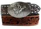 3D Western Boys Belt Youth Roughout Leather Buck Laced Floral Brown D120002702