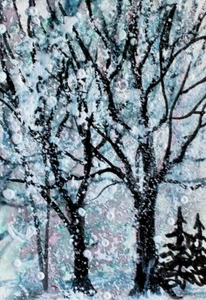 ACEO Original WINTER PAINTING Snow TREES Pine Landscape Forest Nature ATC ART - Picture 1 of 1