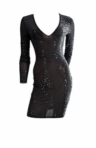 Dress Black Sequins Stretch Sheer Bodycon Party Holiday NYE SMALL - Picture 1 of 6