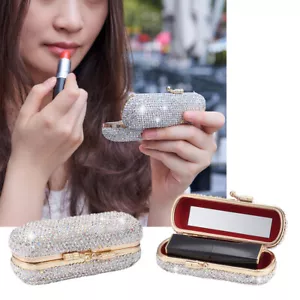 Silber Lippenstift Etui mit Spiegel glänzende Diamanten luxuriöser Vintage Clip Halter - Bild 1 von 9