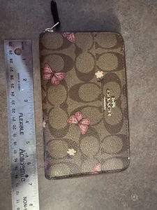 COACH 7" Zip Accordion Brown and Pink Butterfly Wallet - Picture 1 of 6