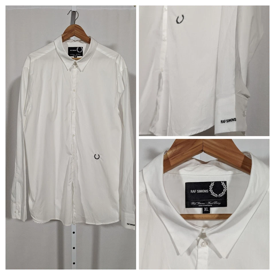 Camisa Fred Perry x Raf Simons Blanca Bordada Logo Blanca Grande Mínima XL  Foto 1 de 4