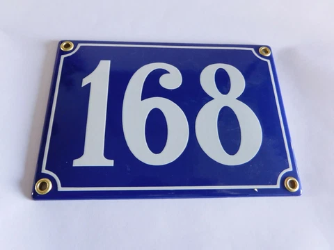 Antique French Blue  Genuine Enamel Porcelain House Door Number Sign / Plate 168 Cover