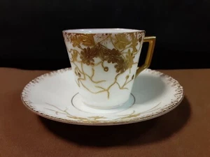(Rare) Antique AK Limoges France Porcelain Gold Stems/Leaves Demitasse Cup Set - Picture 1 of 11