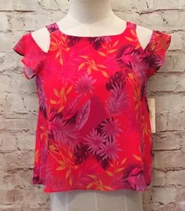 GB Girls Tropical Floral Cold Shoulder Shirt Blouse Flutter Sleeve Size L NEW - Picture 1 of 4