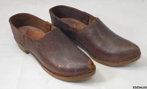 Vintage Leather Upper Wood Sole Clogs Shoes - Picture 1 of 10