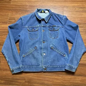 Vtg Wrangler No Fault Denim Trucker Jacket 44 L 70s Button Medium Wash Jean USA - Picture 1 of 20
